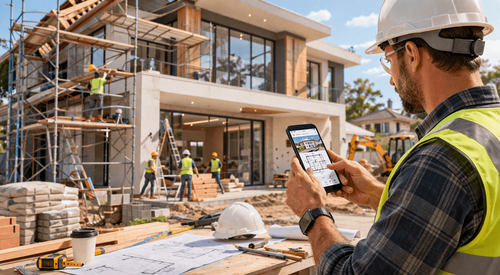 Construction worker using tablet