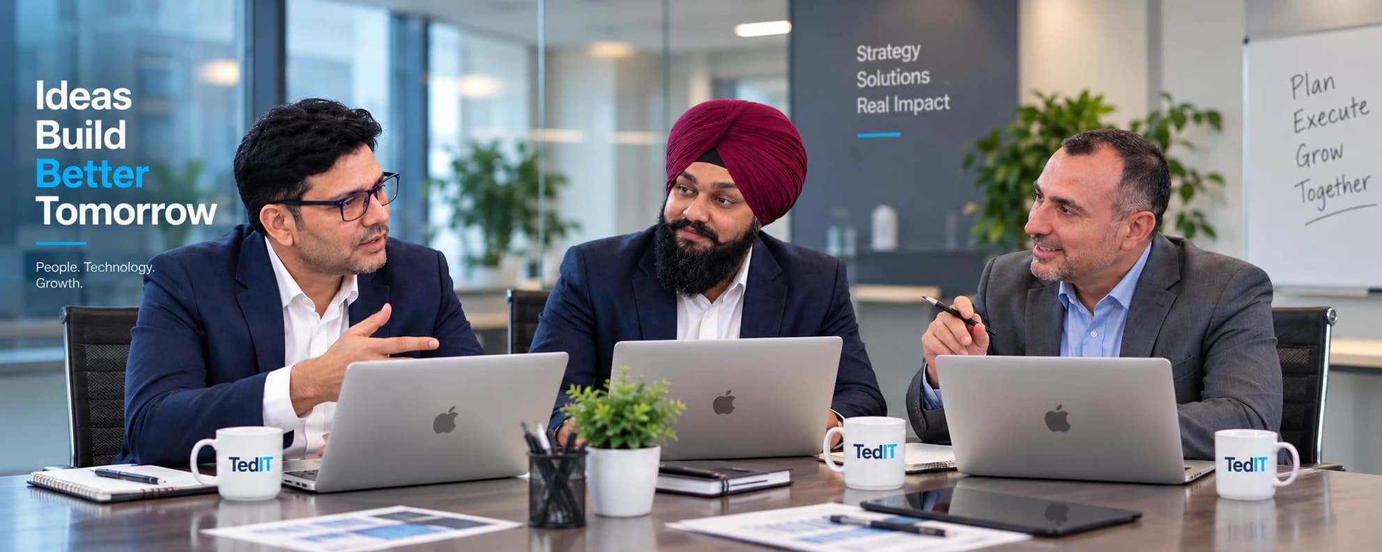 TedIT leadership in a strategy session — Ideas build a better tomorrow. People. Technology. Growth.